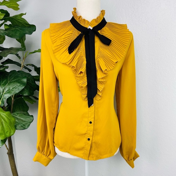 NEW Yellow Mustard Ruffle Button Down chiffon Blouse Long Sleeve Top - Picture 1 of 8